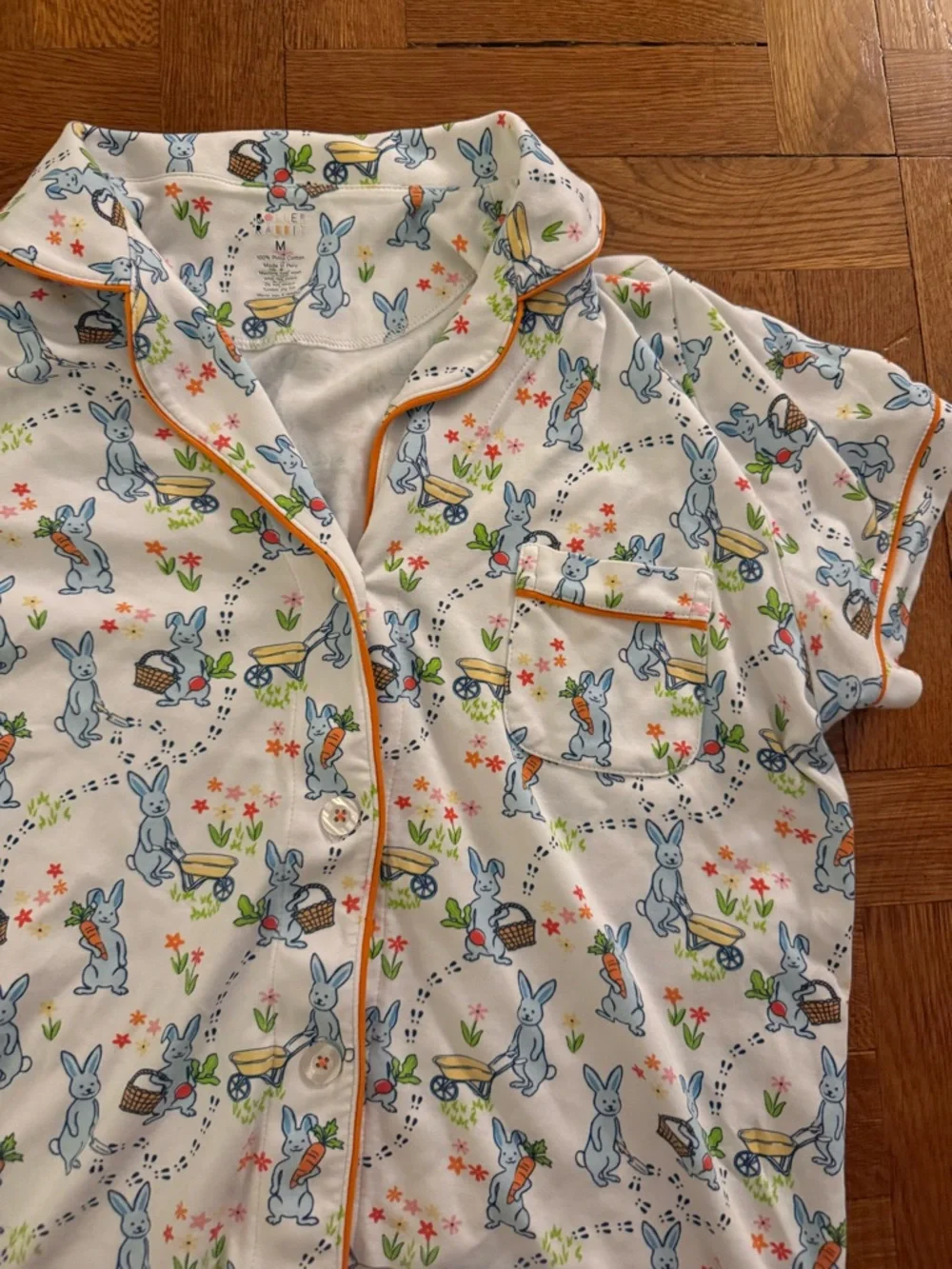 Roller Rabbit Cream Bunny Print Short Pajama Set with Orange Trim - Picture 2 of 3